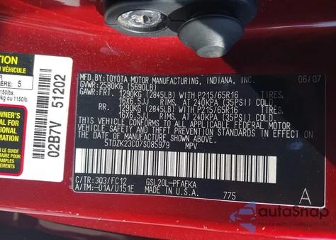 2007 Toyota Sienna Le z USA, uszkodzony, nr VIN 5TDZK23C07S085979